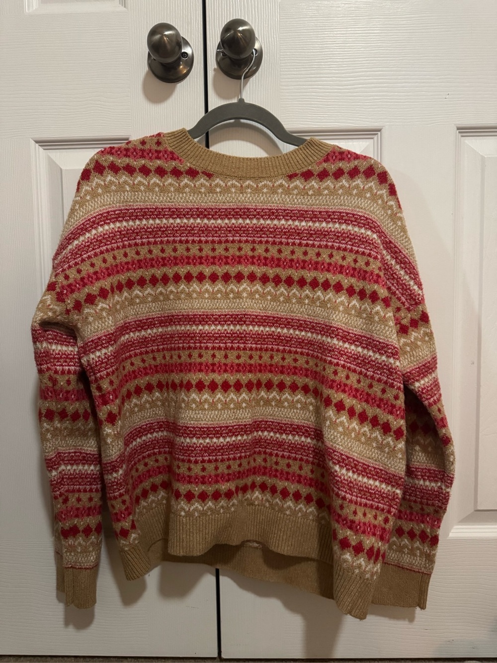 LOFT Fair Isle Crewneck Sweater in Tan, Red & Cream